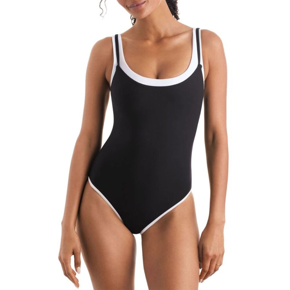 Mimi Flamingo Womens Drift Layered Solid One-Piece Swimsuit 8 Black/White NWT